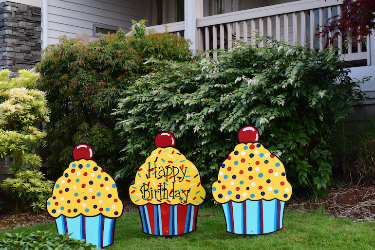 Three Happy Birthday Cupcake Yard Signs Red Yellow Blue Fun Party Decorations