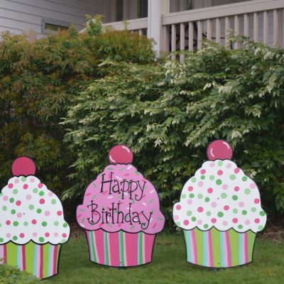 Shopping Cart 32 Three Happy Birthday Cupcake Yard Signs Pink Green Fun Party Decorations