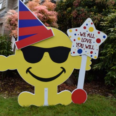 Yellow Mr. Smiley Yard Sign with Hat Smile Emoji Birthday Party