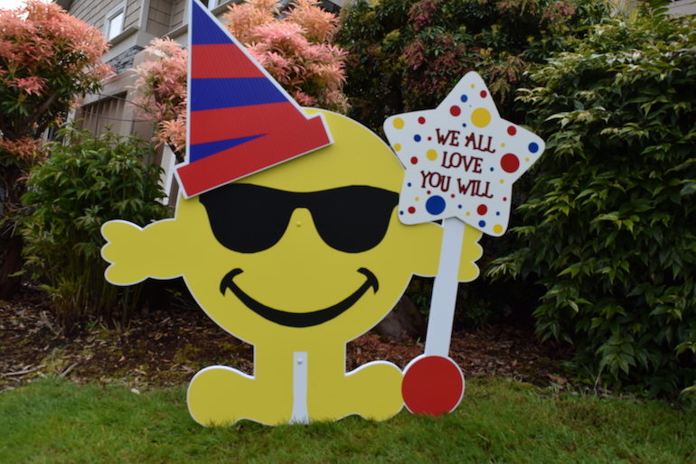Yellow Mr. Smiley Yard Sign with Hat Smile Emoji Birthday Party