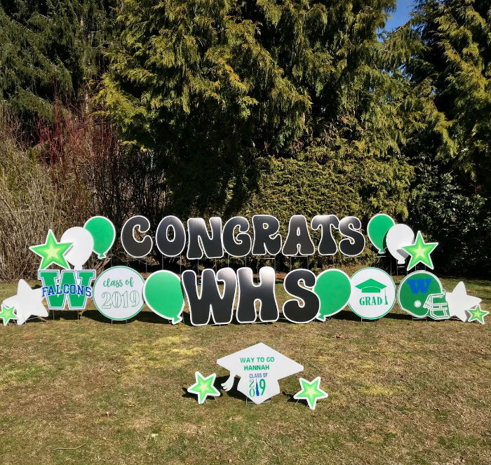 Hey Woodinville Falcons Class of 2019 – Celebrate graduation with our festive Graduation Yard Signs – They’re bigger and brighter than Graduation Banners!